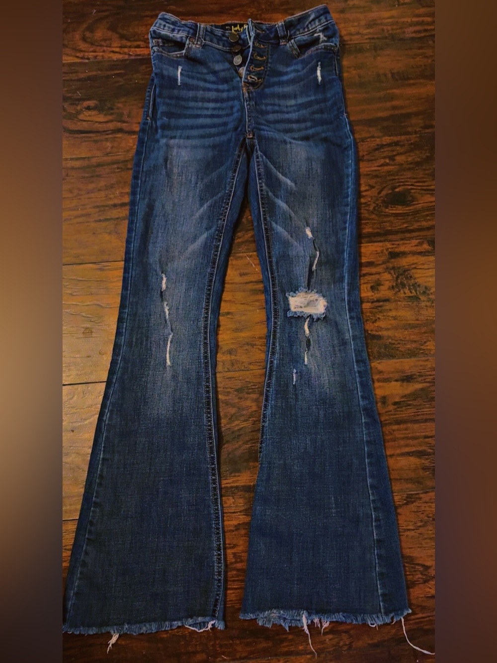 Indigo Rein Dark Blue Distressed Bootcut Jeans